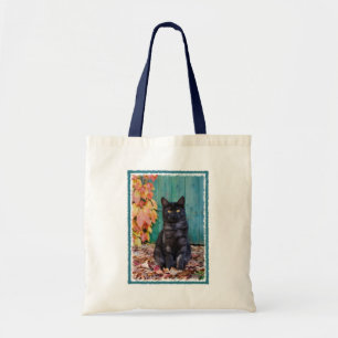 Cute Black Cat Funny Kitten Red Leaves Blue Door - Tote Bag