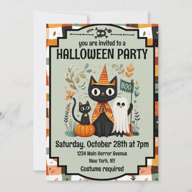 Cute Black Cat & Ghost Halloween Boo Invitation (Front)