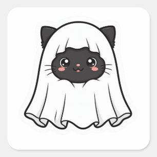 Cute Black Cat Ghost Halloween Kawaii Square Sticker