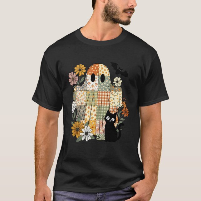Cute Black Cat Ghost Patchwork Halloween Costume W T-Shirt (Front)