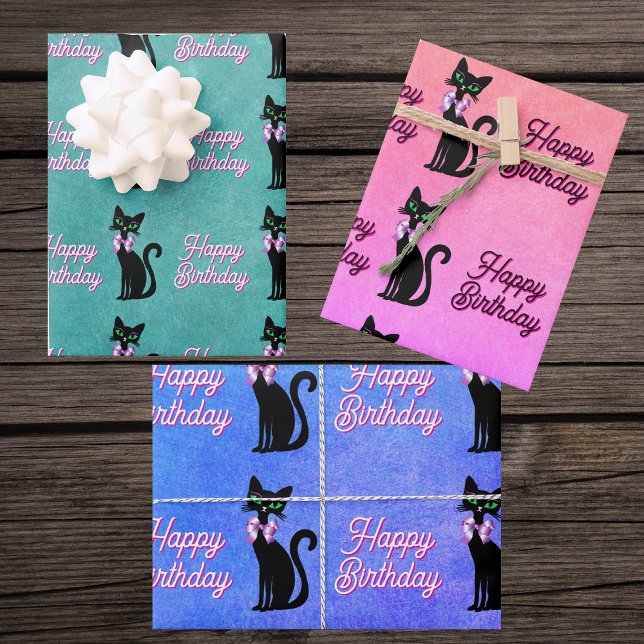 Cute Black Cat Green Eyes Bow Happy Birthday Wrapping Paper Sheet (Cute black cats green eyes pink bows on Happy Birthday wrapping paper sheets in various colours.)