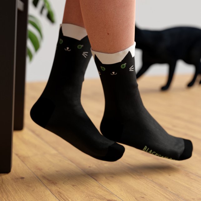 Cute Black Cat Green Eyes Personalised Socks (For green eyed black cat loving feet. Add your name)