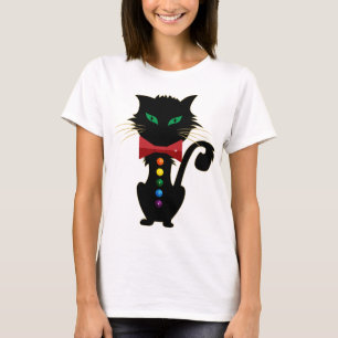 Cute Black Cat Green Eyes Rainbow Colours Design T-Shirt