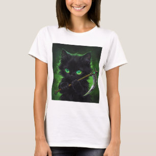 Cute Black Cat Grim Reaper Green Eyes Halloween T-Shirt