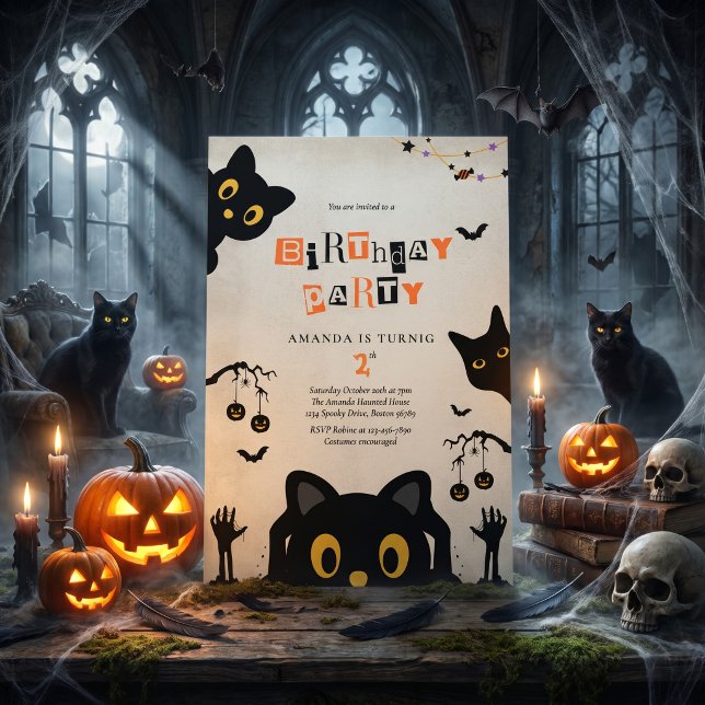 Cute Black Cat Halloween Birthday Invitation (Creator Uploaded)