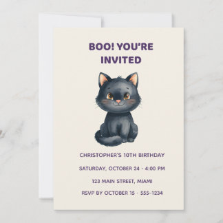 Cute Black Cat Halloween Birthday Invitation | Kid