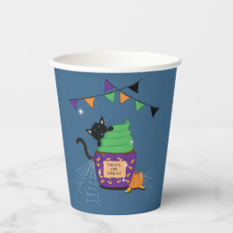 Cute Black Cat Halloween Blue Paper Cup
