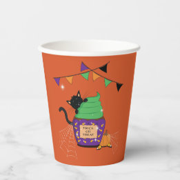 Cute Black Cat Halloween Orange Paper Cup
