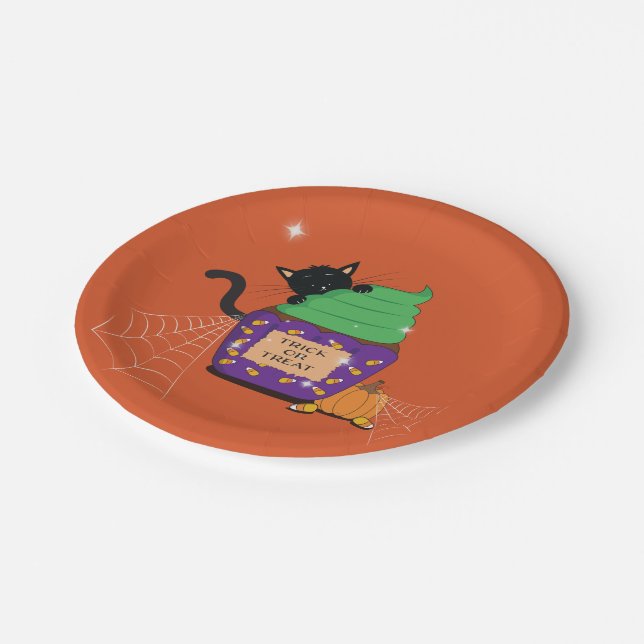 Cute Black Cat Halloween Orange Paper Plate (Angled)