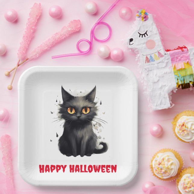 Cute Black Cat Halloween  Paper Plate (Party)