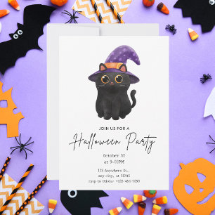 Cute Black Cat Halloween Party Invitation