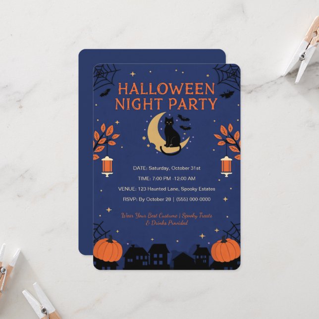 Cute Black Cat Halloween Party Invitation (Front/Back In Situ)