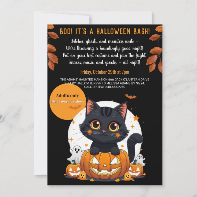 Cute Black Cat Halloween Party Invitation for Adul (Front)