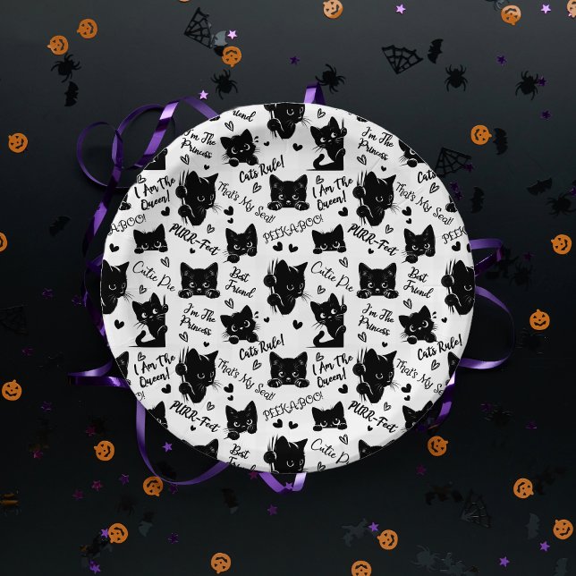 Cute Black Cat Halloween Pattern for Cat Lovers Paper Plate (Cute Black Cats and Sayings with Hearts Pattern  for Cat Lovers and Halloween Paper Plates)