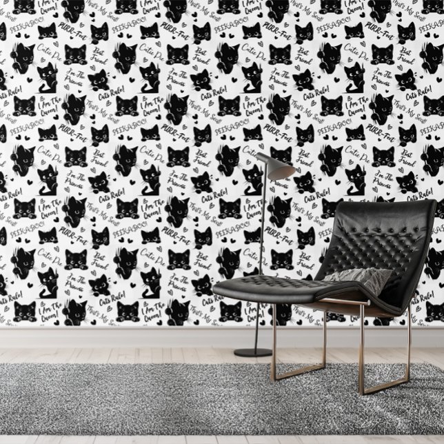 Cute Black Cat Halloween Pattern for Cat Lovers Wallpaper (Cute Black Cats and Sayings with Hearts Pattern for Cat Lovers and Halloween Wallpaper)