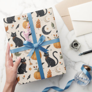 Cute Black Cat Halloween, Pumpkin & Moon Gift Wrap