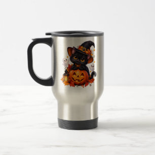 Cute Black Cat Halloween Pumpkin Travel Mug