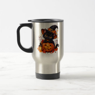 Cute Black Cat Halloween Pumpkin Travel Mug