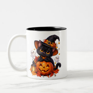 Cute Black Cat Halloween Pumpkin Two Tone Mug