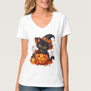 Cute Black Cat Halloween Pumpkin V-Neck T-Shirt