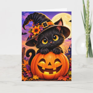 Cute Black Cat Halloween Pumpkin Witch Hat Spooky Holiday Card