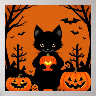 Cute Black Cat Halloween Pumpkins Spooky Poster
