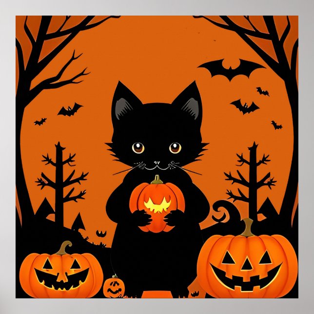 Cute Black Cat Halloween Pumpkins Spooky Poster (Front)