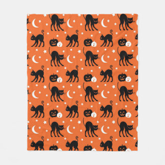 Cute Black Cat Halloween Seamless Pattern | Orange Fleece Blanket