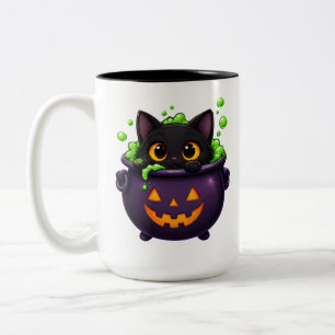 Cute Black Cat Halloween Sticker   Kawaii Pumpkin  Two-Tone Coffee Mug