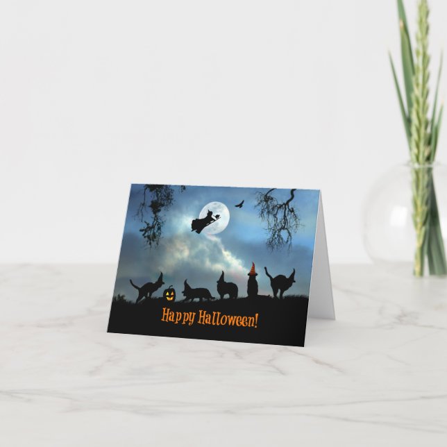 Cute Black Cat Happy Halloween Card (Front)