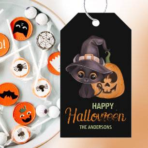 Cute black cat Happy Halloween carved pumpkin Gift Tags