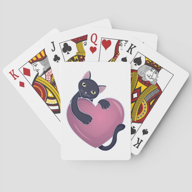Cute Black Cat Holding onto Big Heart Playing Cards (Back)