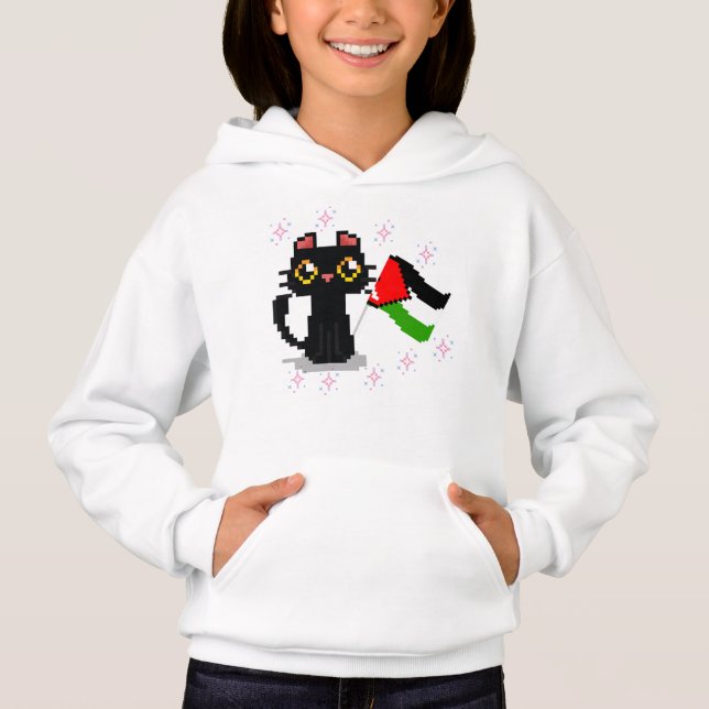 cute black cat holds Palestine flag  (Front)