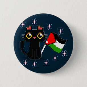 cute black cat holds Palestine flag 6 Cm Round Badge