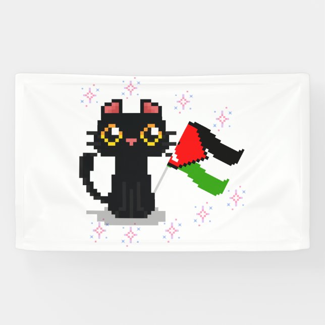 cute black cat holds Palestine flag Banner (Horizontal)