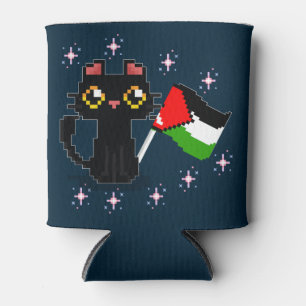 cute black cat holds Palestine flag Can Cooler