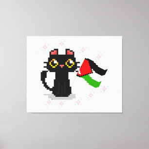 cute black cat holds Palestine flag Canvas Print