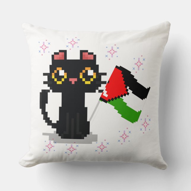 cute black cat holds Palestine flag Cushion (Front)