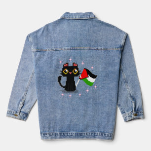 cute black cat holds Palestine flag  Denim Jacket