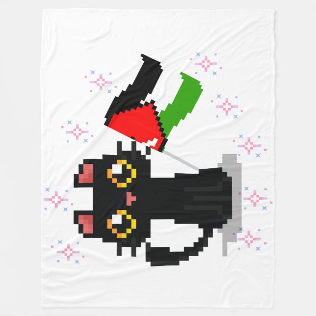 cute black cat holds Palestine flag Fleece Blanket (Front)