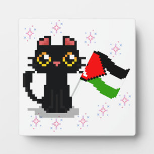 cute black cat holds Palestine flag Plaque