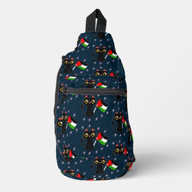cute black cat holds Palestine flag  Sling Bag (Front)