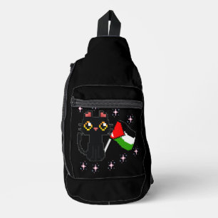 cute black cat holds Palestine flag Sling Bag