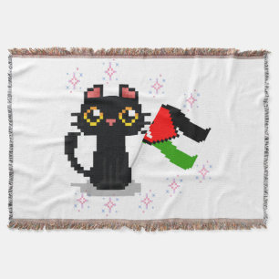 cute black cat holds Palestine flag Throw Blanket