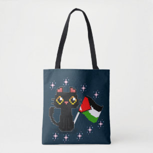 cute black cat holds Palestine flag  Tote Bag