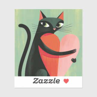 Cute Black Cat Hugging Heart Sage Green