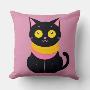 Cute Black Cat Illustration Cushion