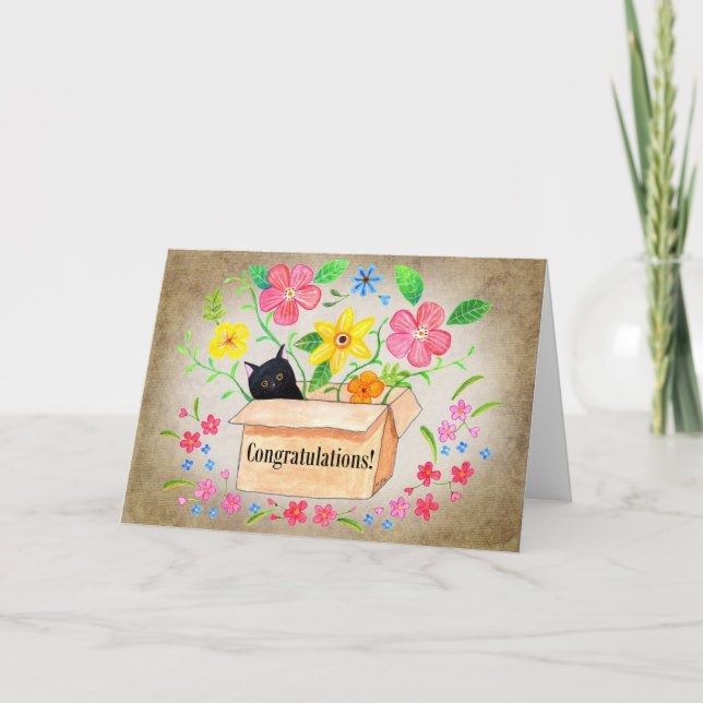 Cute Black Cat in a Box Floral Congratulations  Card (Front)