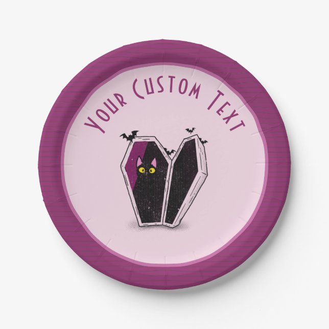 Cute Black Cat in a Coffin Pink Halloween Girly    Paper Plate (Front)