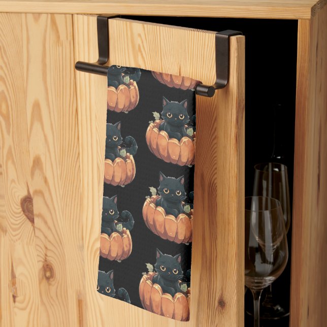 Cute Black Cat in a Pumpkin Pattern Halloween Tea Towel (Thirds Fold)